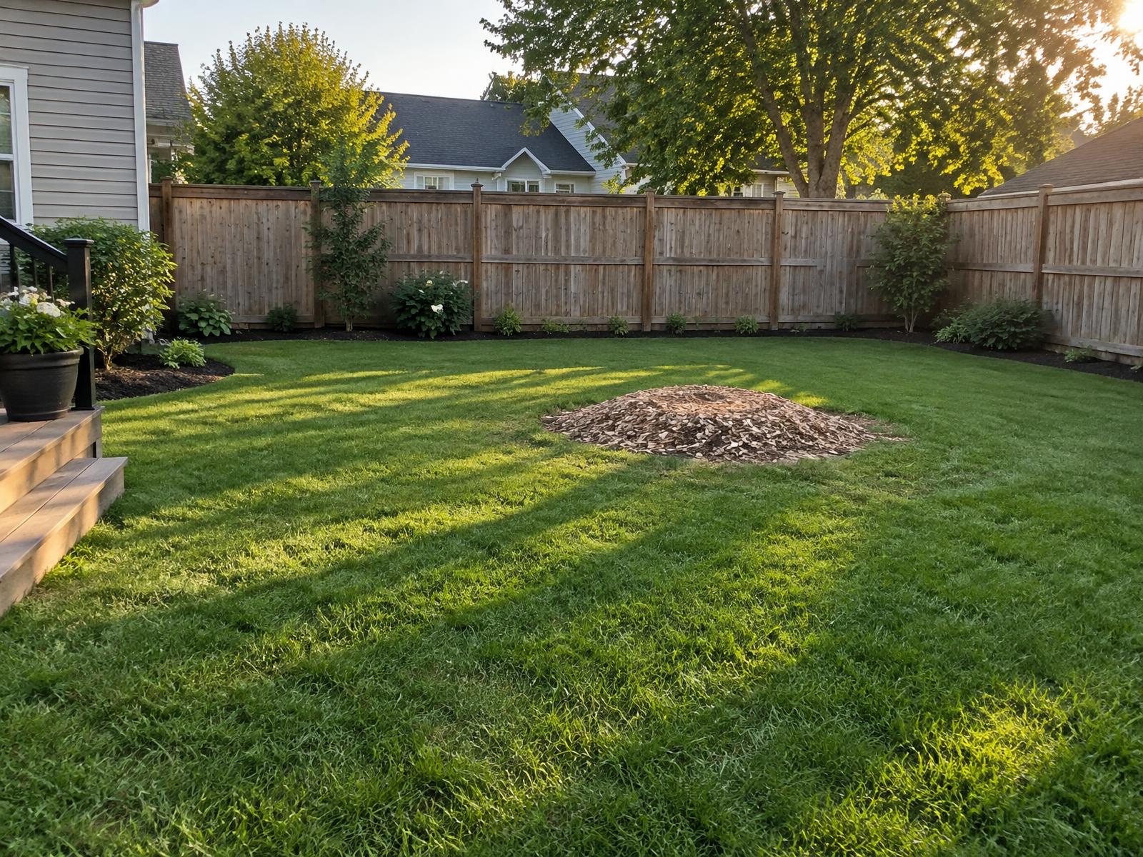 Back yard raked clean after a tree removal with ground stump chips