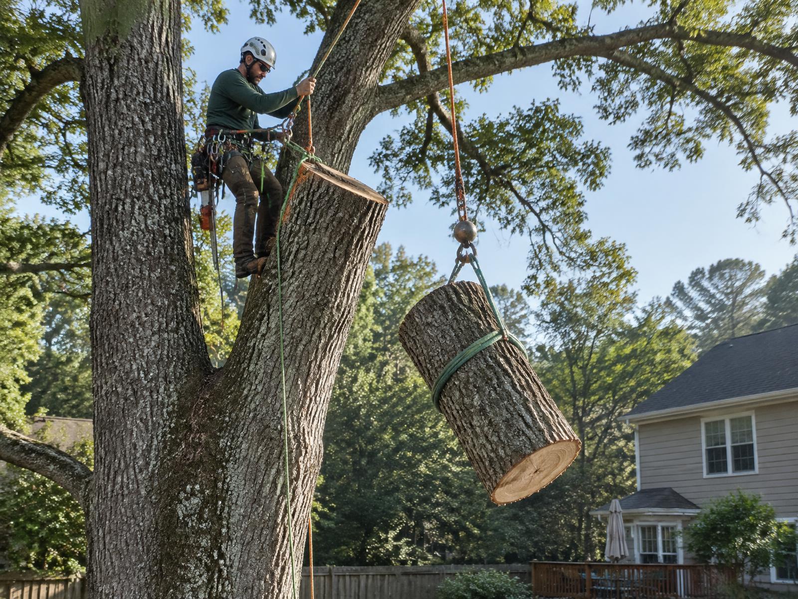 Climber rigging down a trunk section from a large oak during a tree removal